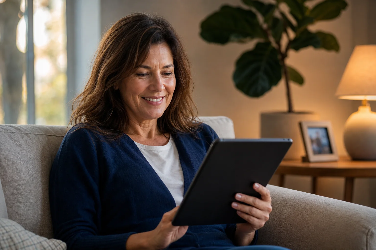 Family member following care updates on a tablet.