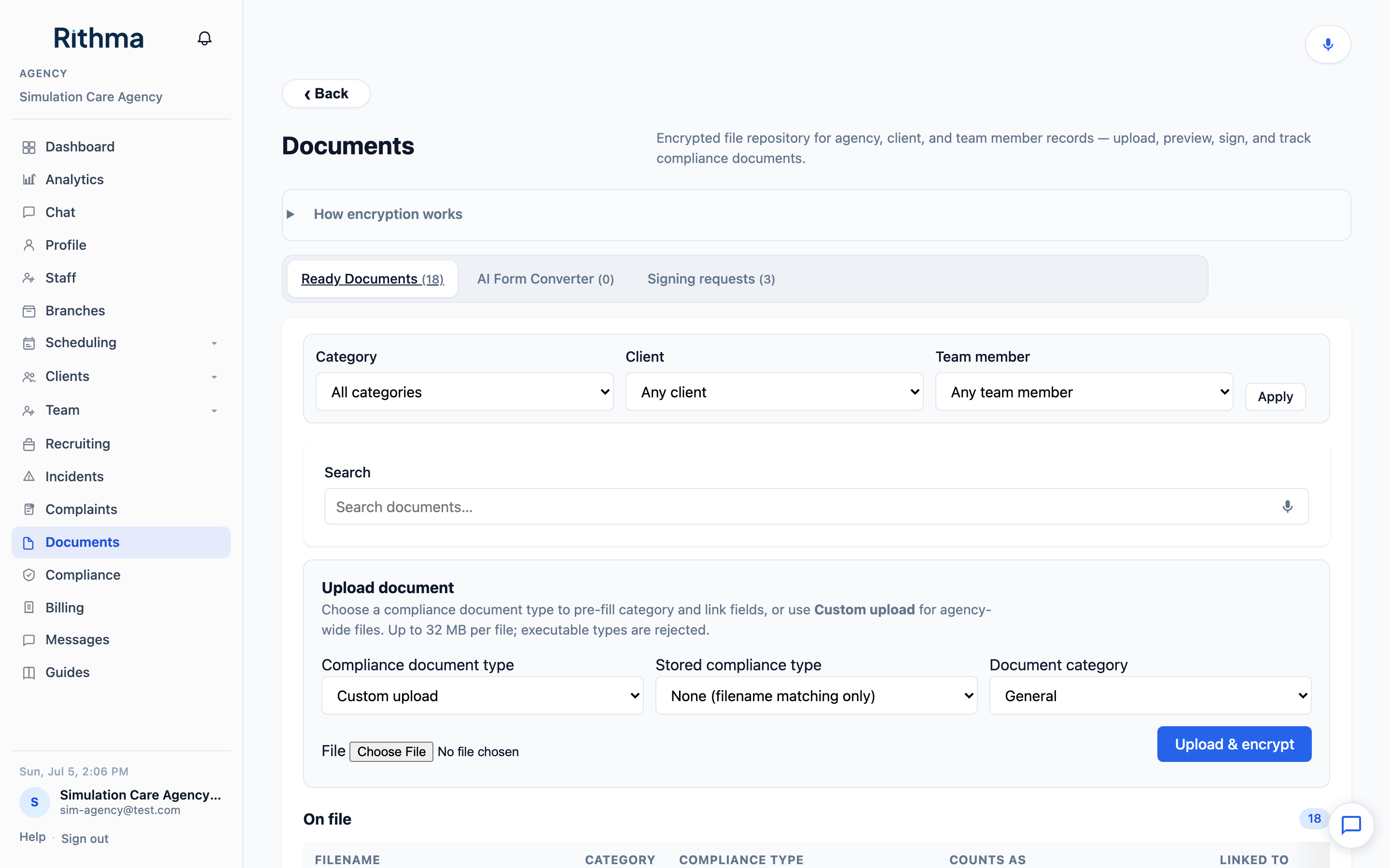 Rithma Documents — ready files with client, caregiver, and compliance filters.