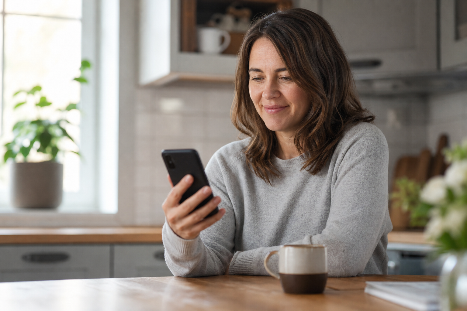Family member reading a care update on her phone.
