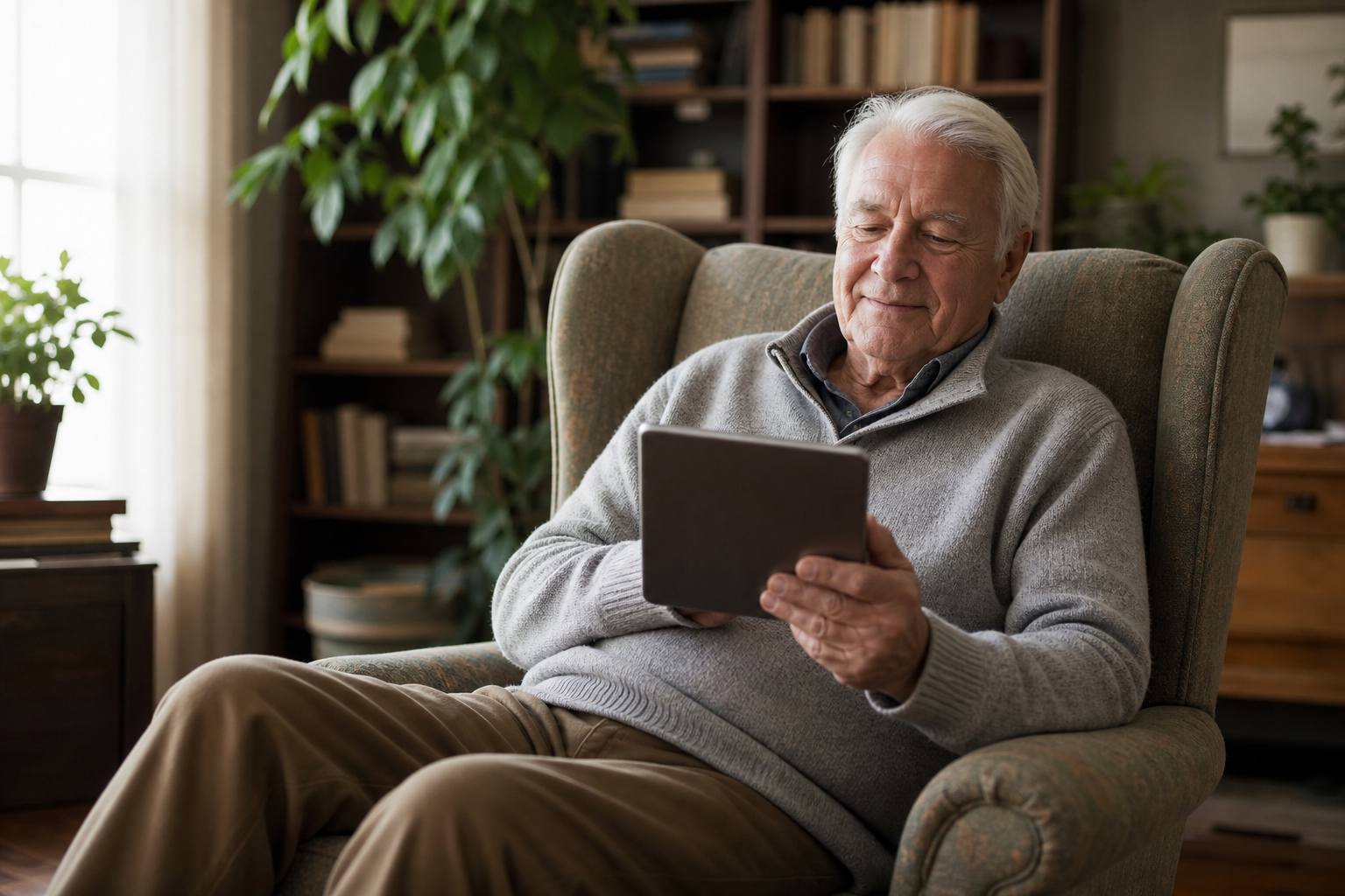 Senior using a tablet comfortably at home.
