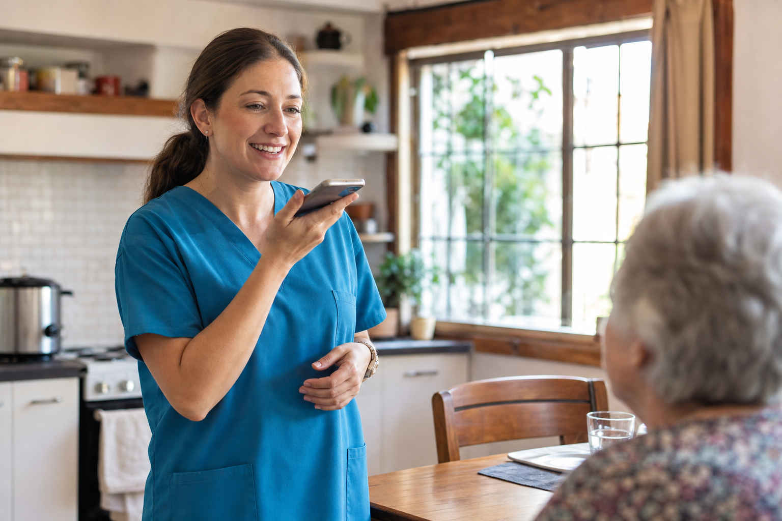 Caregiver using voice and phone during a home visit.